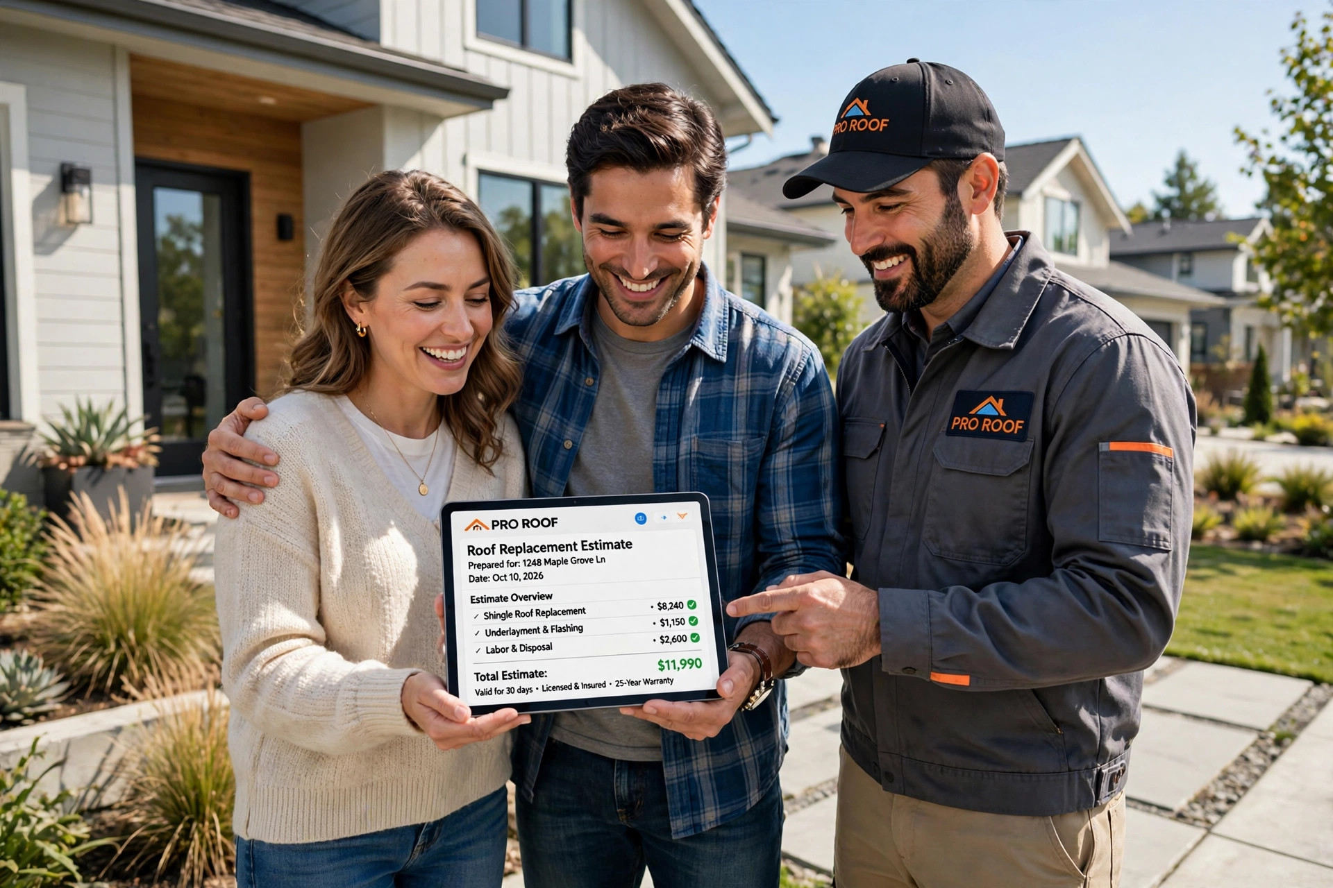 Contractor showing a homeowner an instant estimate on a tablet